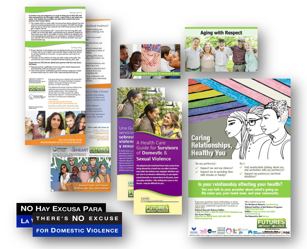 Layered digital images of safety cards, brochures, posters, and bumper stickers distributed by the HRC